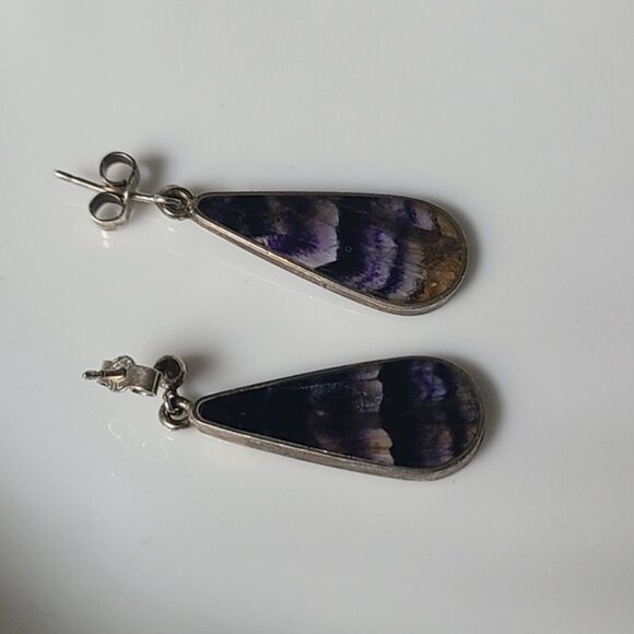 Vintage Boho Rare Sterling Silver Blue John Gemstone Purple Drop Dangle Earrings - Picture 7 of 10